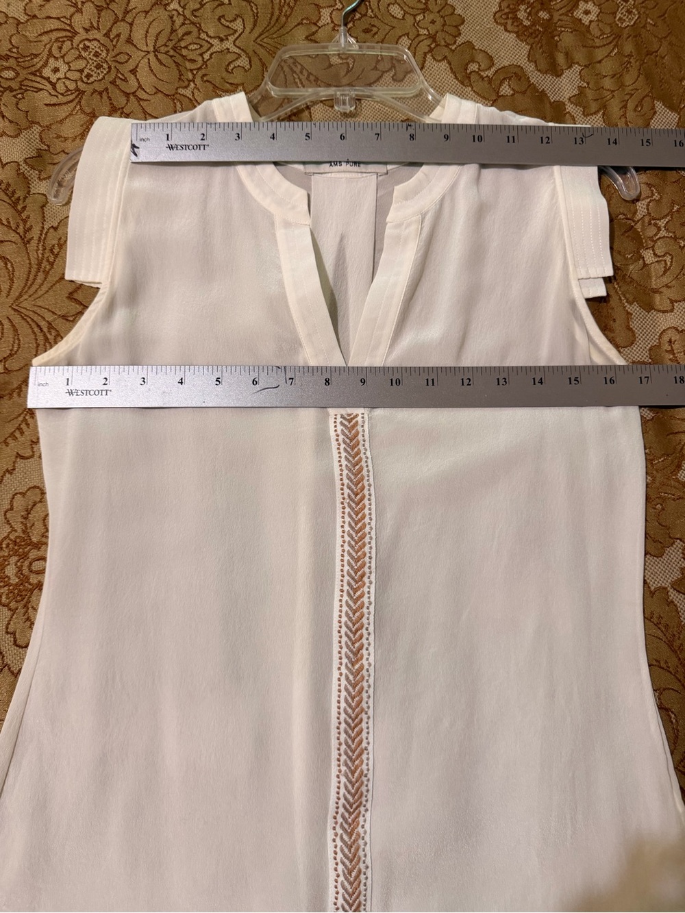 White Silk Sleeveless V-Neck Blouse, Center Gold Metallic Trim by AMS Pure, Sz S - Picture 11 of 14